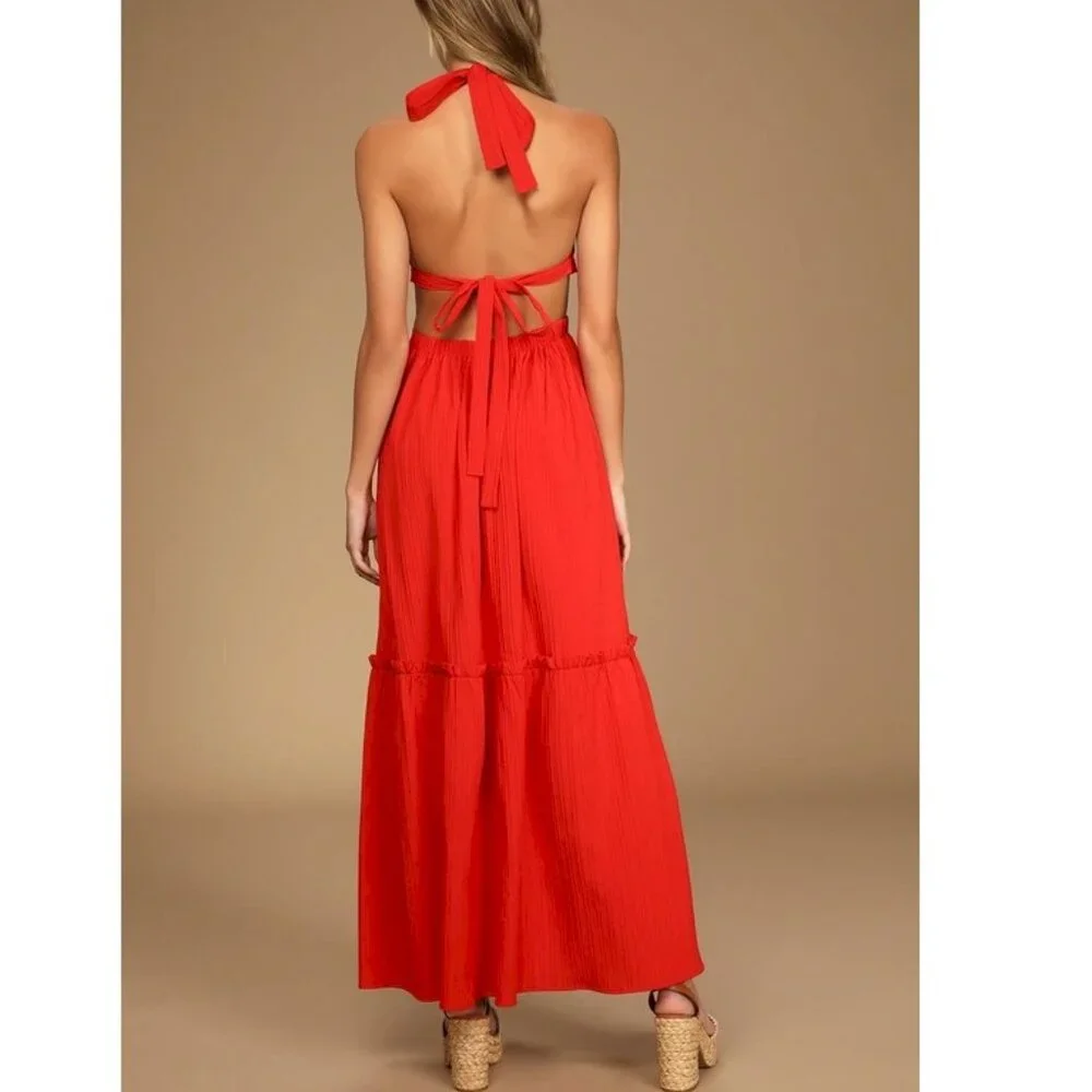 Lulus Island Vacay Red Tie-Back Maxi Dress Size XS New with Tags NWT_2